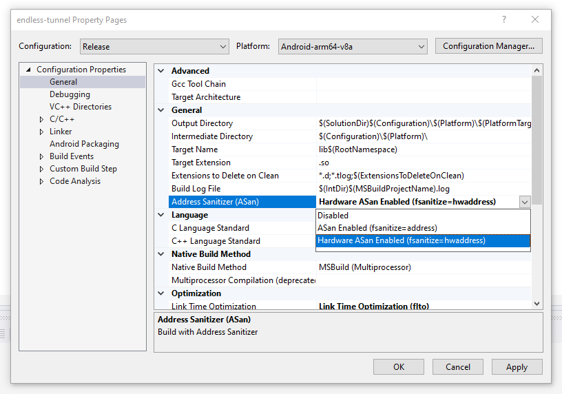 The project Property Pages dialog with General properties shown, and Address
Sanitizer settings highlighted.
