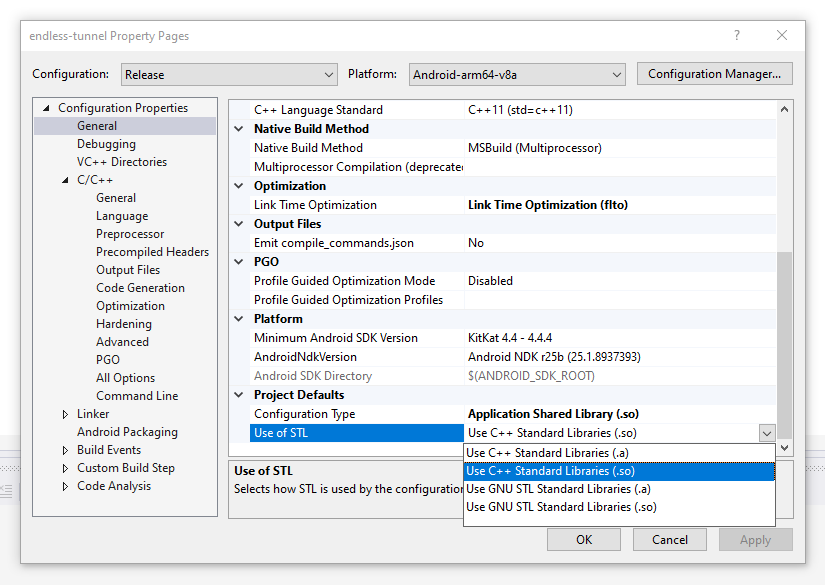 The project Property Pages dialog with the General category selected, and the
Use of STL setting
highlighted.