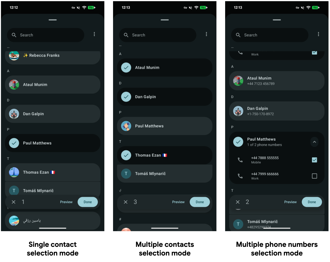 聯絡人選擇工具不同的 UI 模式