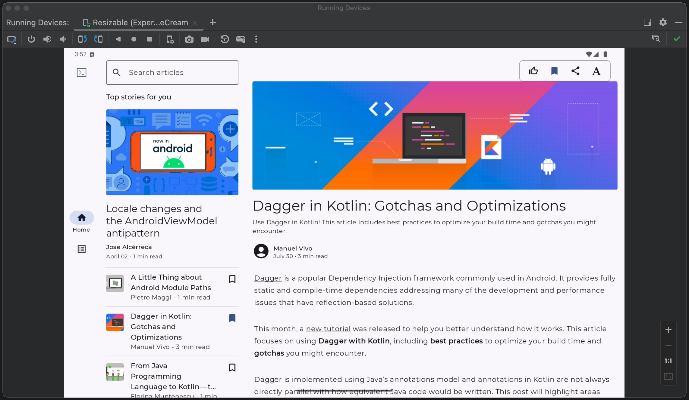 크기 조절 가능한 기기를 보여주는 Android 에뮬레이터