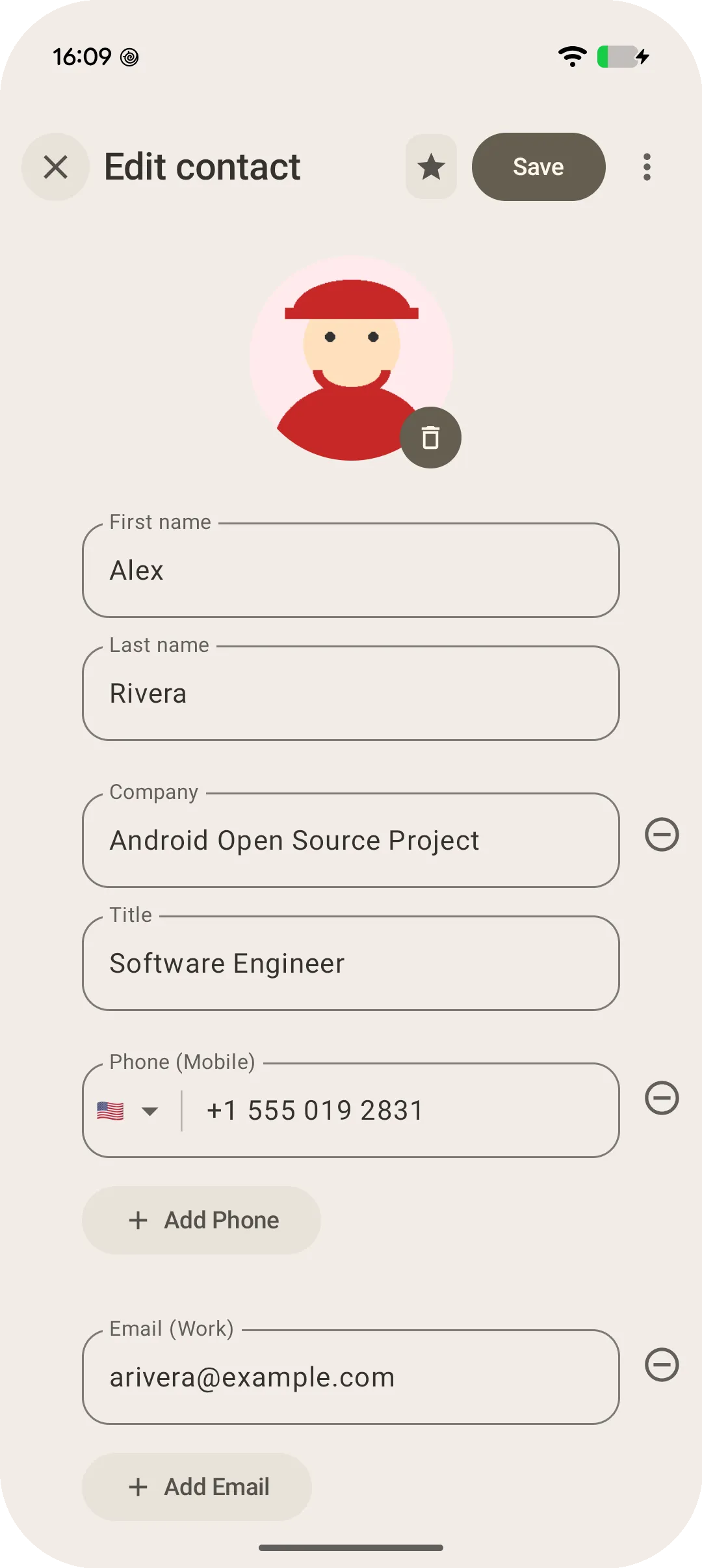 Screenshot 2 - Title: Full-Sheet Mock of “Add Info to an Existing Contact”: Screenshot of a tentative Android user interface showing a full-screen contact editor with an avatar selector, name, phone, and email fields. The full-page design features progressive disclosure chips for secondary fields. The design is labeled as 'UX not Final'.