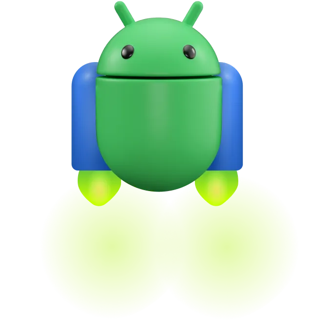 Illustration 3D de la mascotte Android portant un jetpack qui émet un grand nuage de bulles