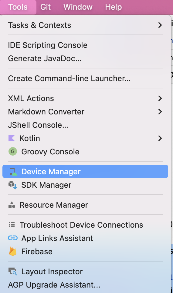 The Tools menu displays a list of options. Device Manager , which appears halfway down the list, is selected.