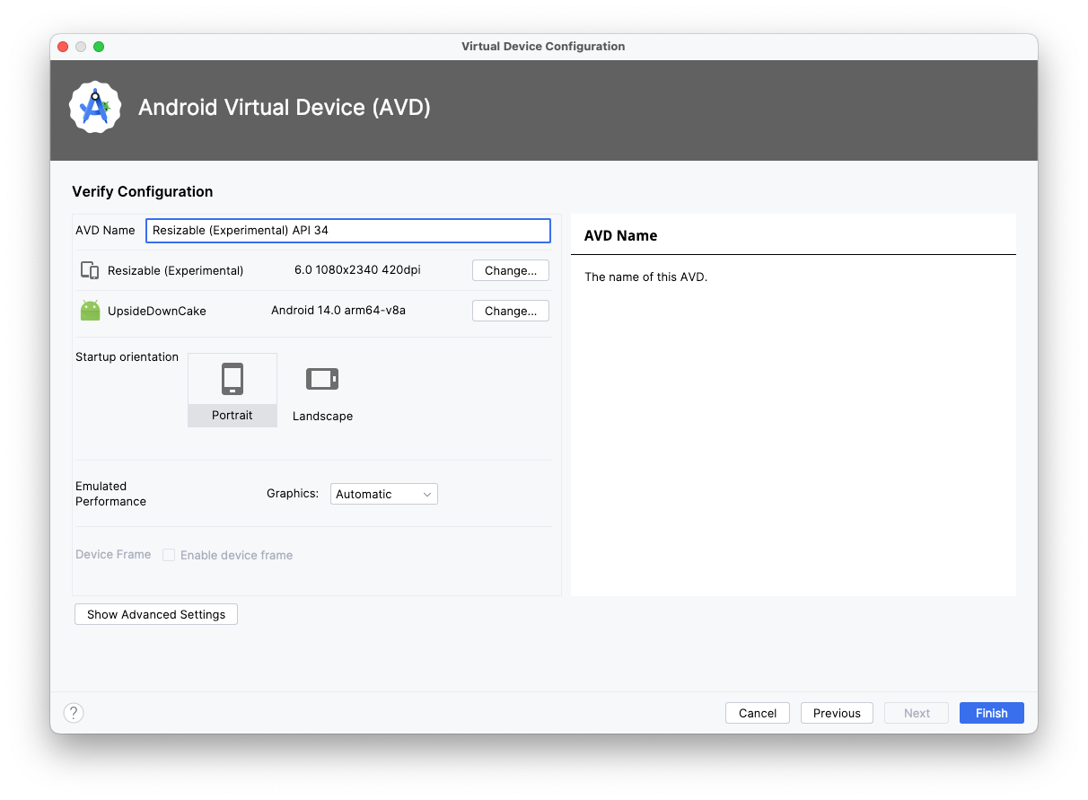 The Virtual Configration screen in Android Virtural Device (AVD) displays. The configuration screen includes a text field to enter the AVD name. Below the name field are a list of device options, including the device definition (Resizable Experimental), the system image (Tiramisu), and the orientation, with Portrait orientation selected by default. Buttons reading 