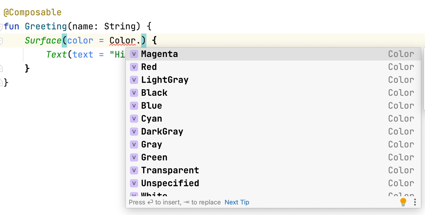 Gambar kode ini menunjukkan Surface yang menerima argumen Color. Color memiliki titik di sampingnya dan terdapat menu di sampingnya dengan nama warna yang berbeda.