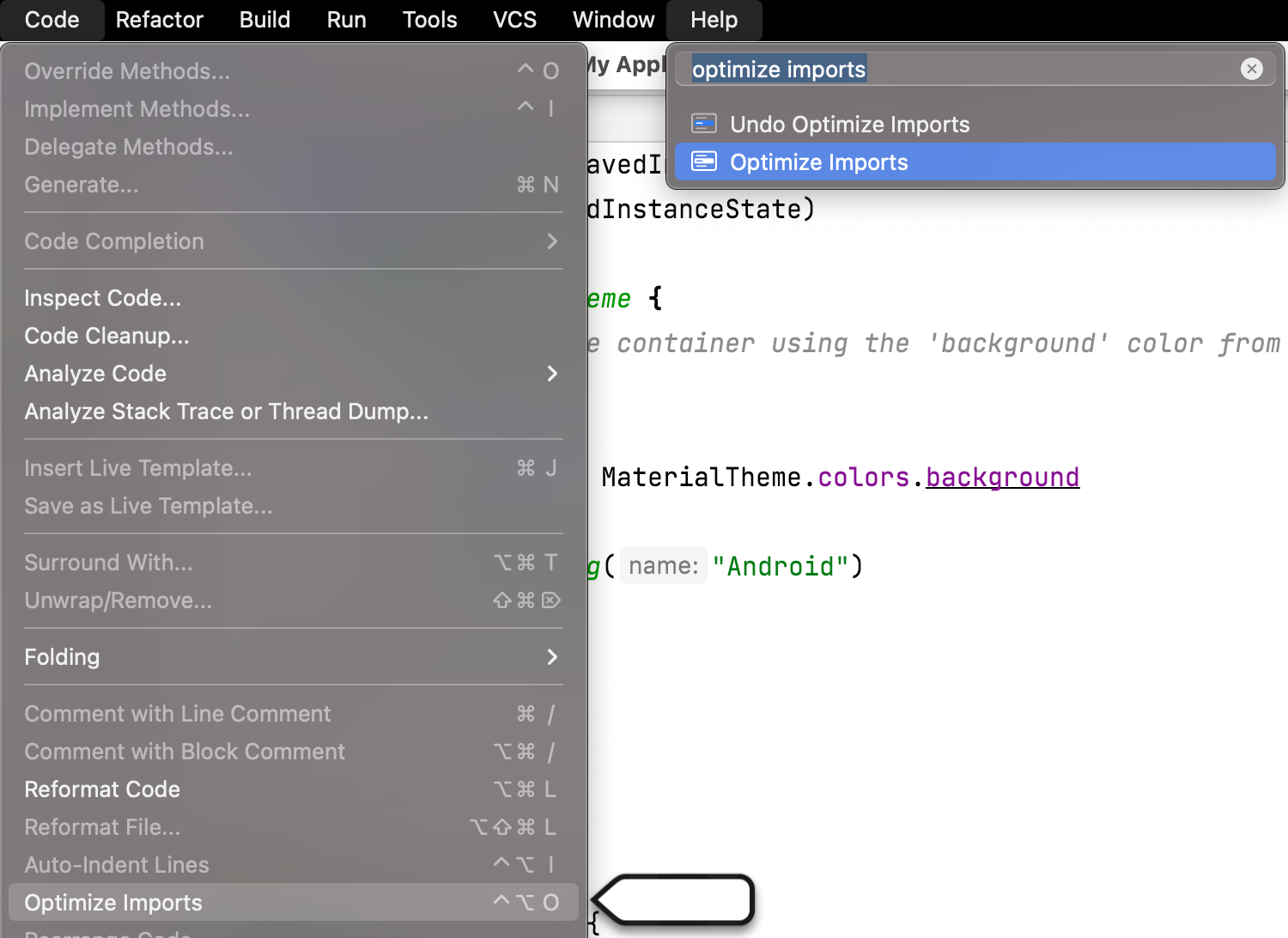 Gambar ini menunjukkan cara mencari Optimize Imports 