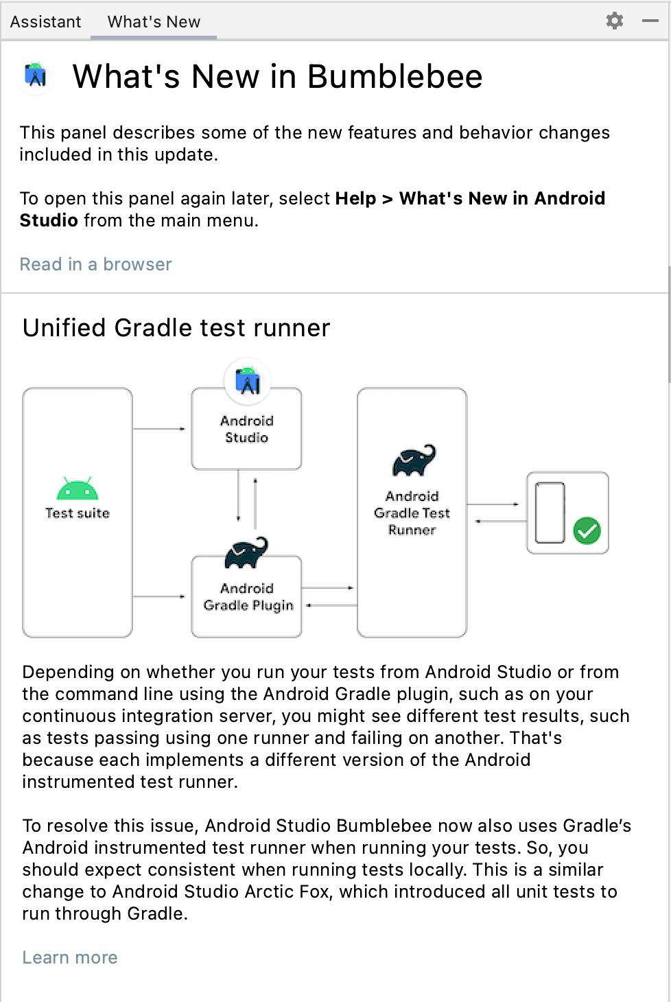 A imagem mostra o painel "What's New", que oferece informações sobre atualizações no Android Studio.