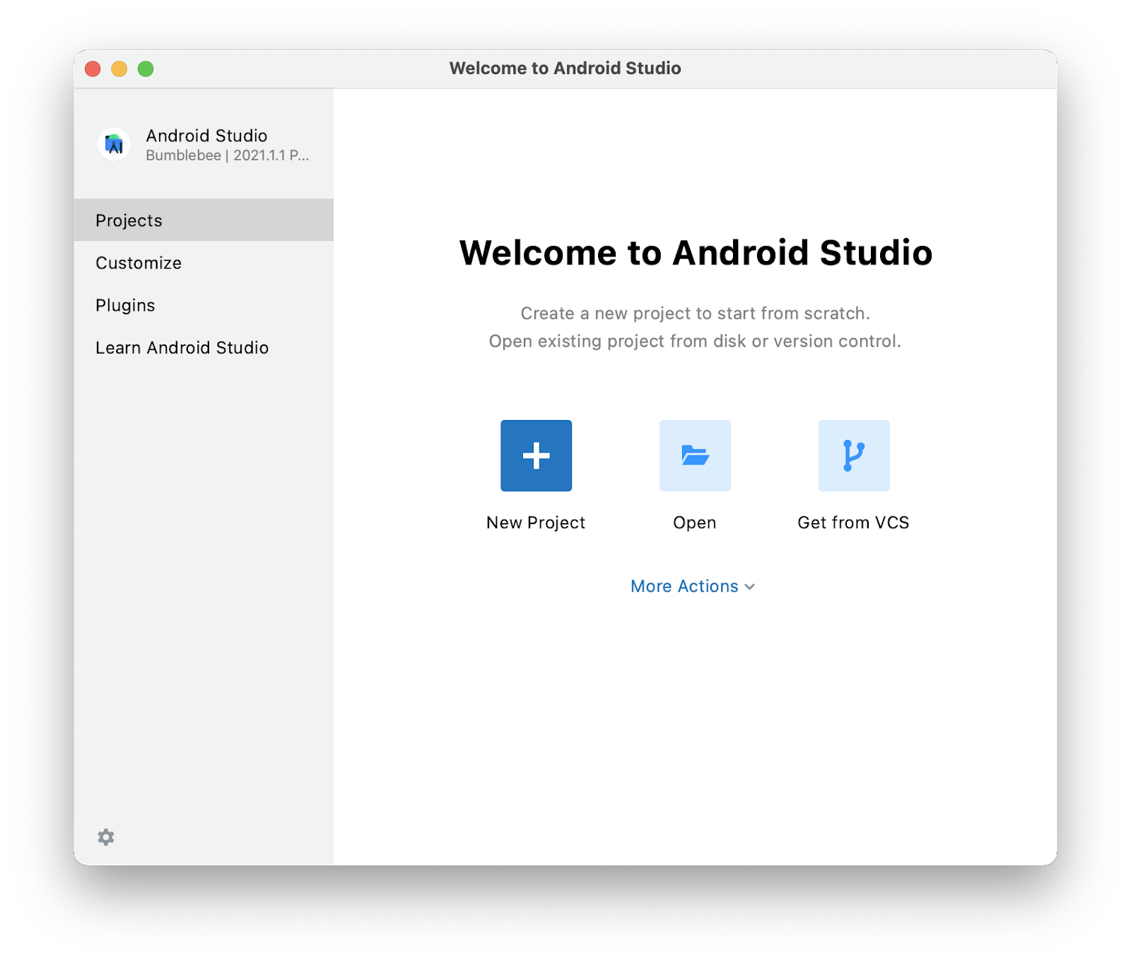 Android Studio のオープニング ページの画像