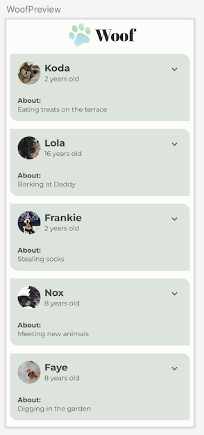 リストアイテムを展開した Woof のプレビュー