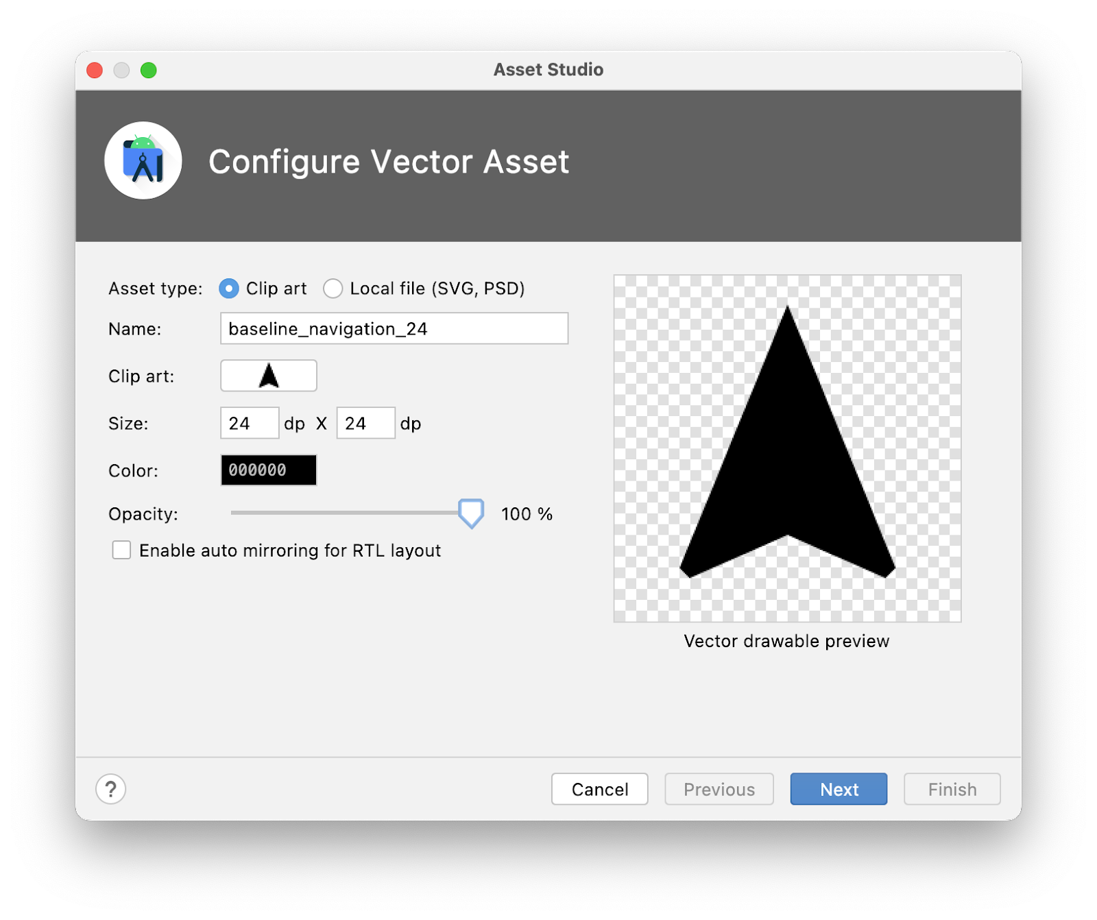 Trình hướng dẫn Asset Studio cho thấy các dữ liệu đầu vào được đề cập trong bước này