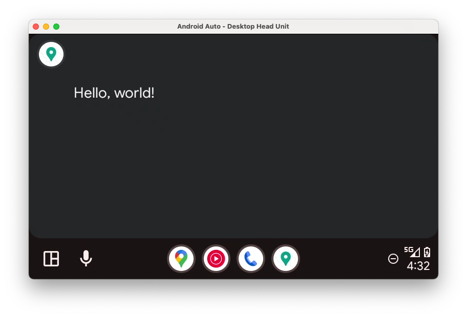 O aplicativo mostra uma tela básica "Hello World"