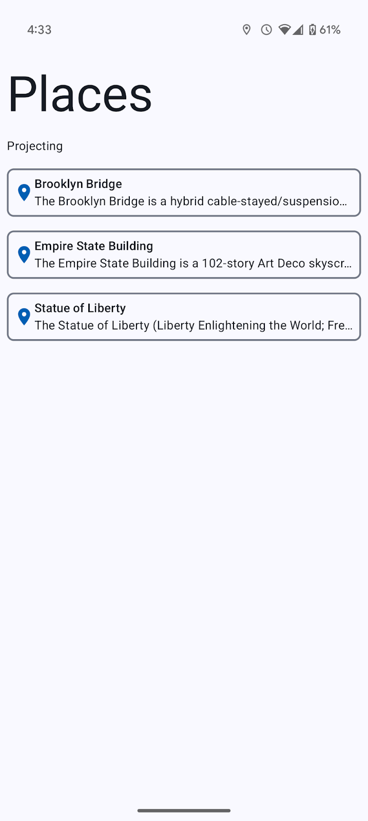 A linha de texto que exibe o estado de projeção agora mostra "Projecting", porque o telefone está conectado à DHU.