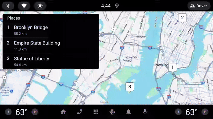 Una grabación de pantalla que muestra la app en ejecución en un emulador del SO Android Automotive