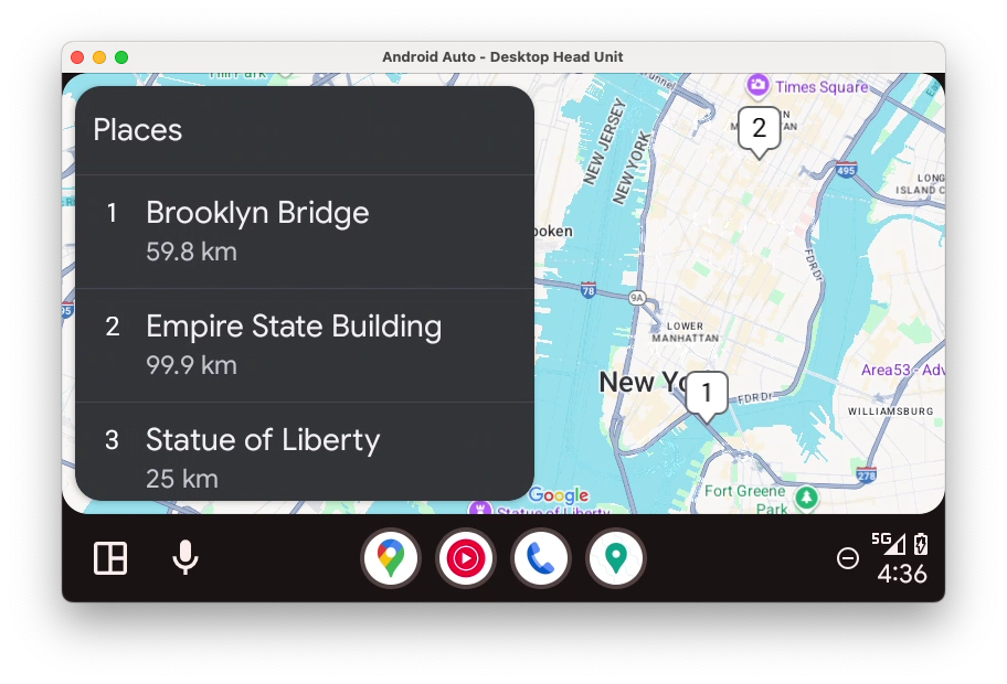 Se muestra una lista de ubicaciones en el lado izquierdo de la pantalla y, detrás de ella, se muestra un mapa con indicadores correspondientes a las ubicaciones que llena el resto de la pantalla.