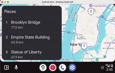 Una grabación de pantalla que muestra la app en ejecución en Android Auto usando la consola central de computadora