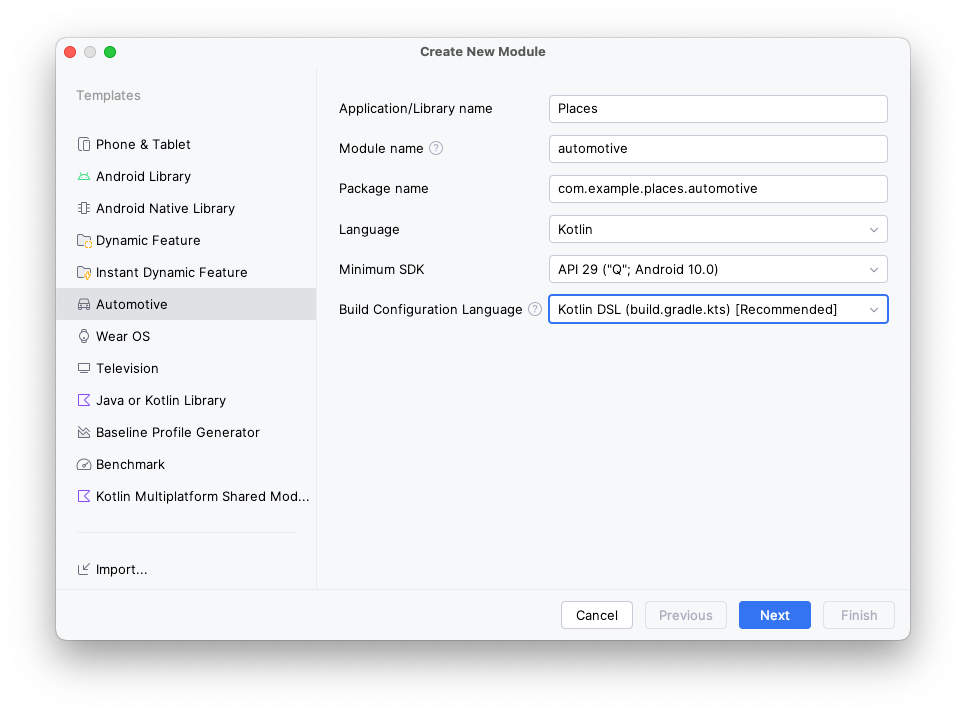 El asistente de Create New Module para el módulo del SO Android Automotive que muestra los valores que se indican en este paso