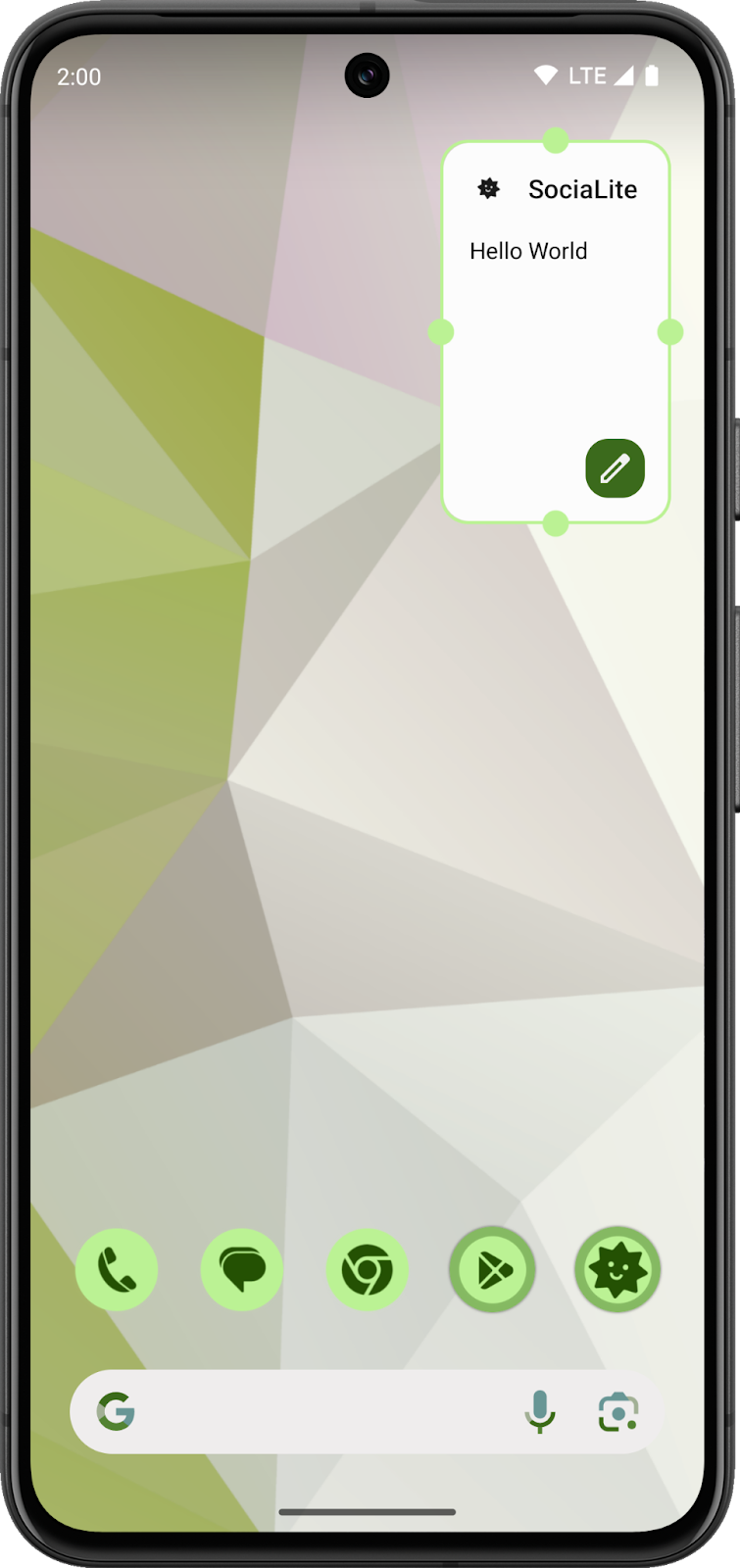 Uma tela inicial do Android com o widget de trabalho em andamento. O widget tem um plano de fundo e título opacos