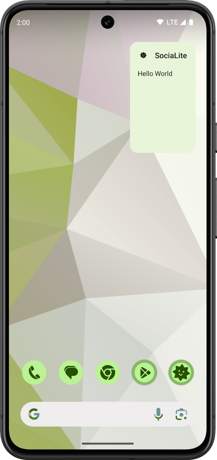 Di Layar Utama Android yang menampilkan widget Halo Dunia dengan tema terang