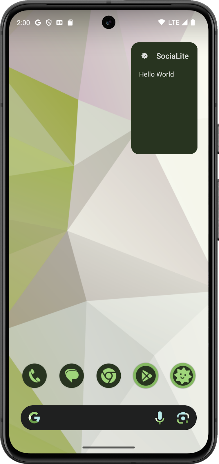 Uma tela inicial do Android com o widget Hello World em um tema escuro