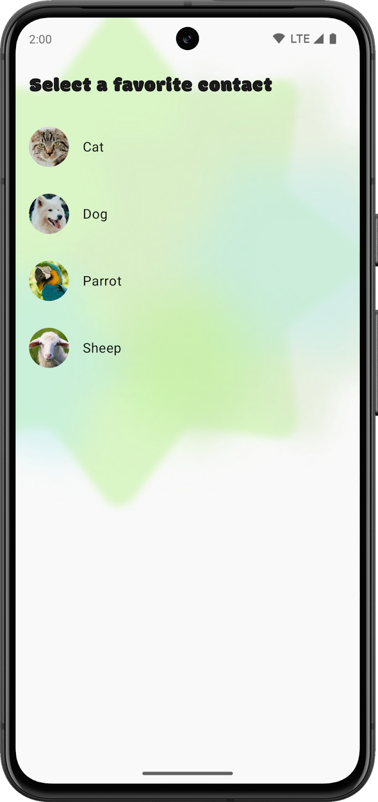 Captura de pantalla de la actividad de configuración que muestra los cuatro contactos para elegir