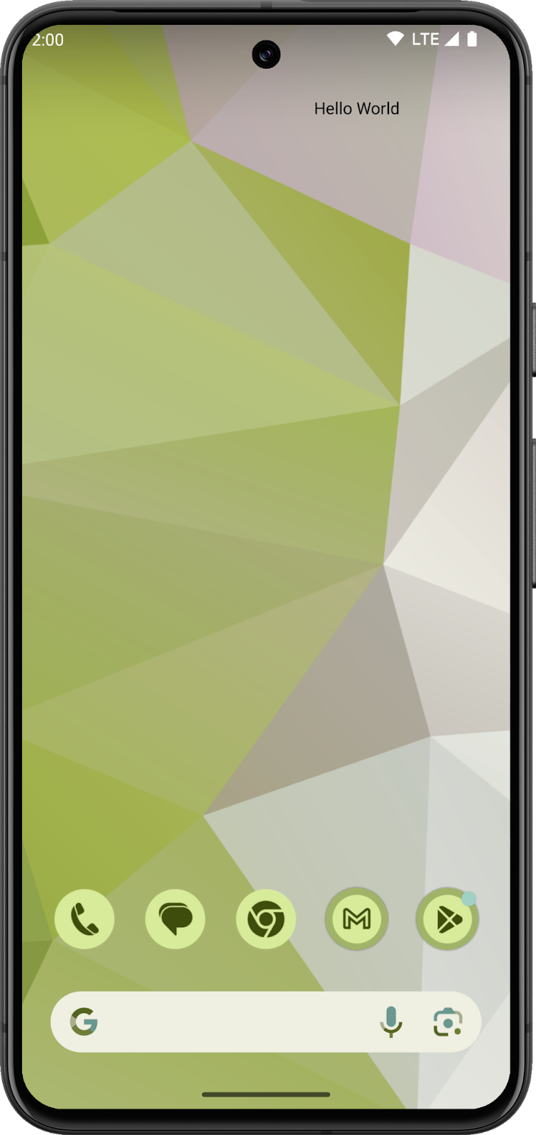 Di Layar Utama Android yang menampilkan widget Halo Dunia dengan tema terang