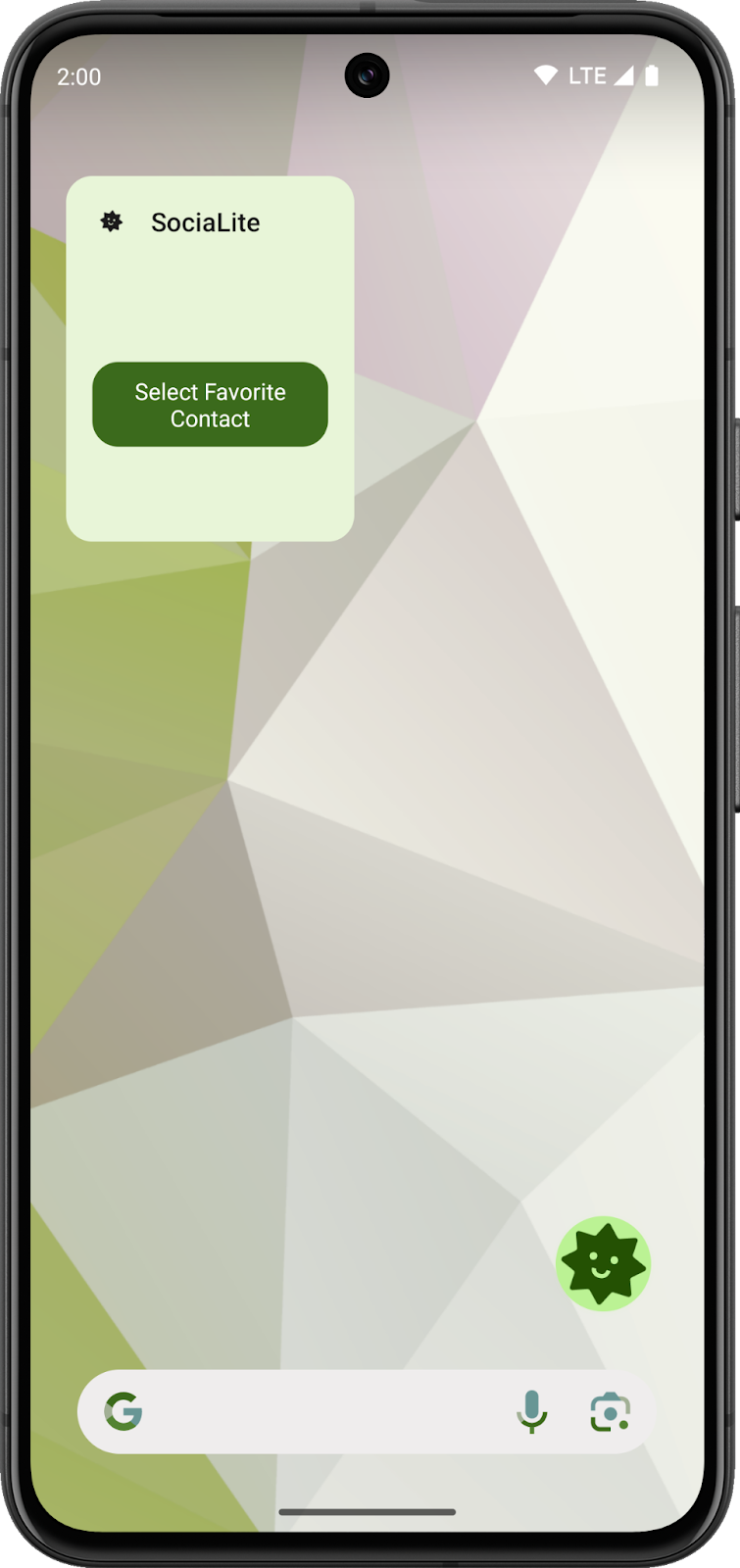 Uma tela inicial do Android com o estado zero do widget do SociaLite. O estado zero tem um único botão.