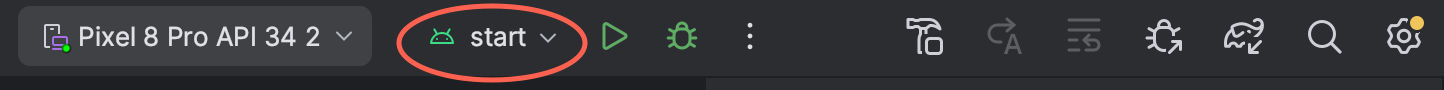 Android Studio で start が選択されている図
