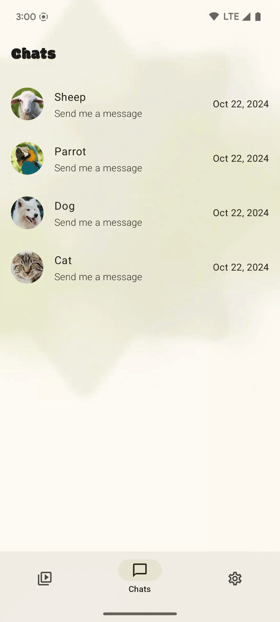 La app de SociaLite con animaciones de atrás predictivo personalizadas integradas en la app.