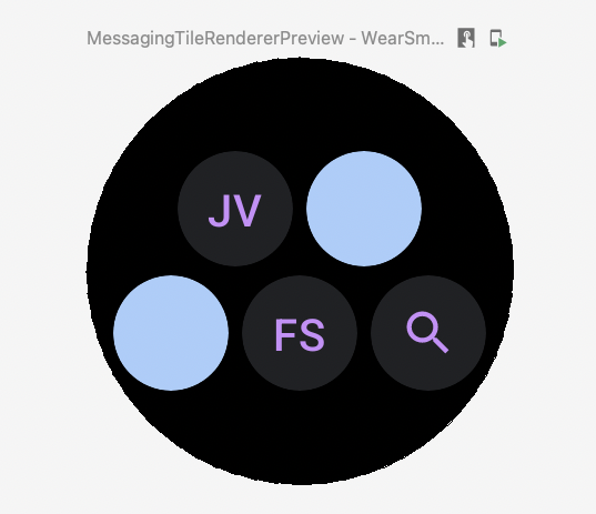 5 つのボタンを 2x3 のピラミッド状に配置したタイルのプレビュー。2 番目と 3 番目のボタンは青色で塗りつぶされた円であり、画像がないことを示している。