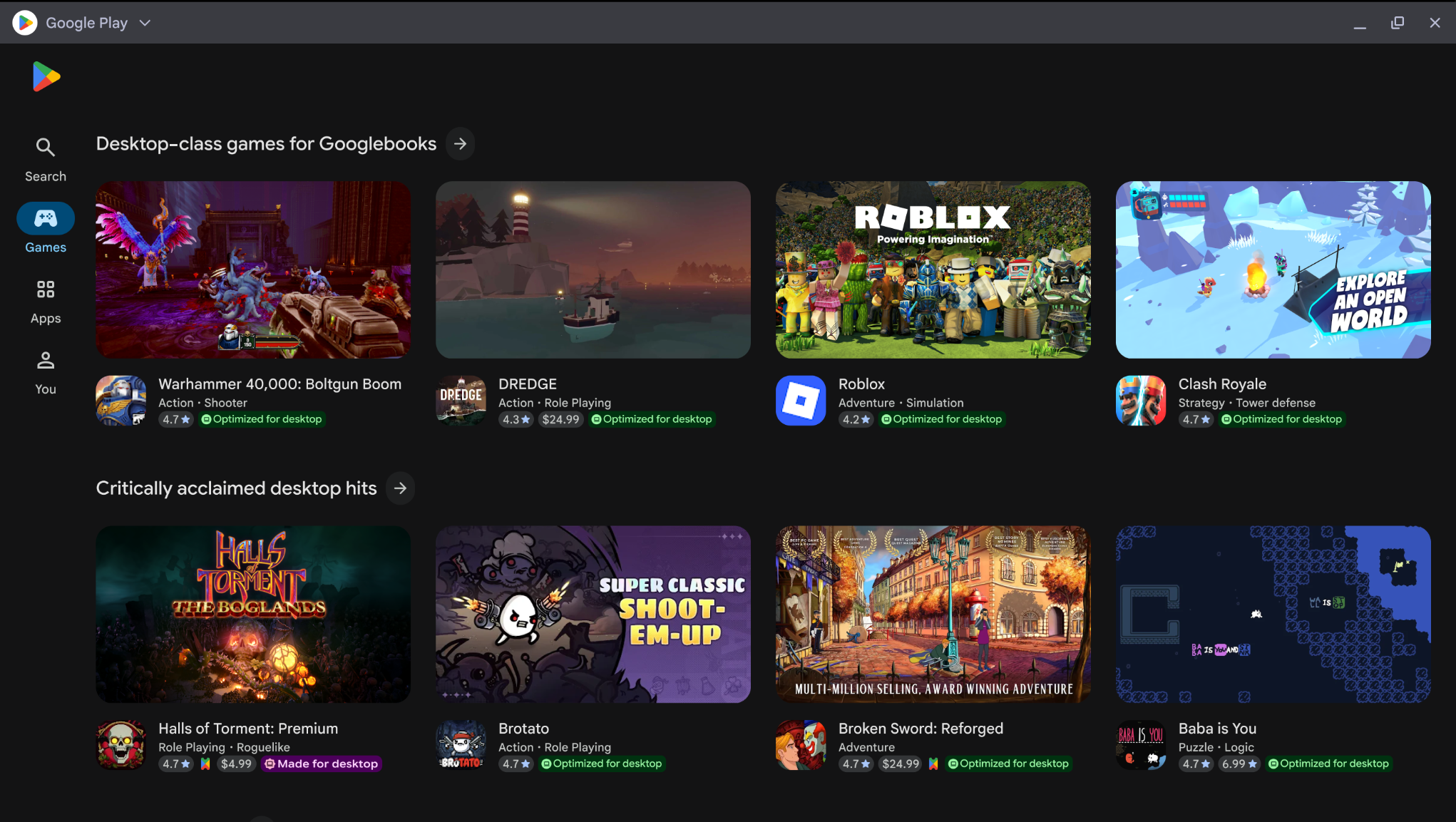 Google Play ストアのストアフロントに、アプリとゲームのコレクションと「デスクトップ向けに最適化」バッジが表示されている様子。
