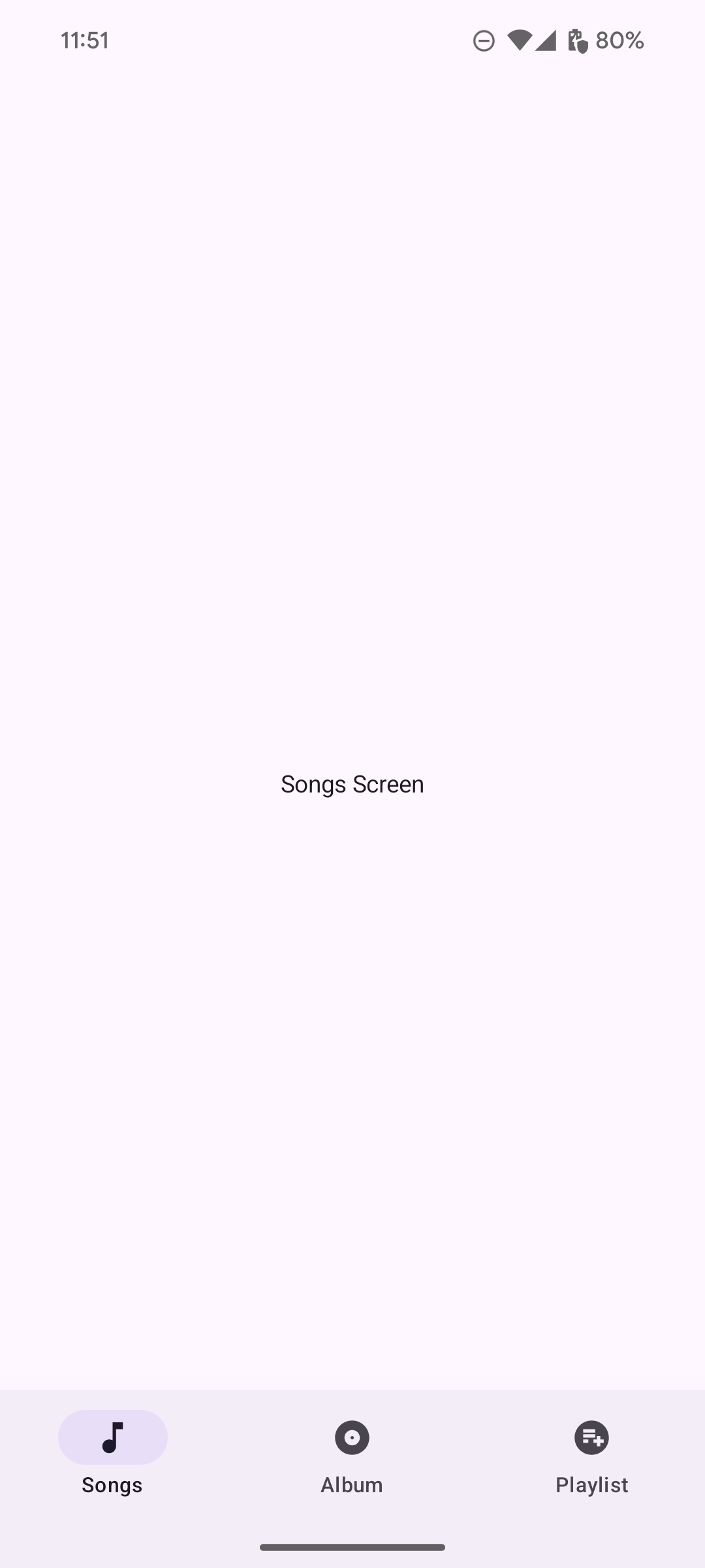 Uma tela de app com três destinos listados horizontalmente em uma barra de navegação na parte de baixo: Músicas, Álbum e Playlist. Cada destino tem um ícone relevante associado a ele (por exemplo, uma nota musical para "Músicas").