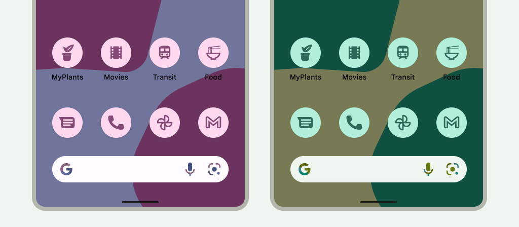 Un esempio di tre dispositivi Android, ognuno dei quali mostra un
tema utente diverso con tonalità diverse: il primo mostra uno sfondo con
tonalità scura; il secondo mostra uno sfondo con tonalità dorata; il terzo mostra uno
sfondo con tonalità grigio chiaro con sfumature bluastre. In ogni esempio, le icone hanno ereditato la colorazione dello sfondo e si integrano perfettamente.