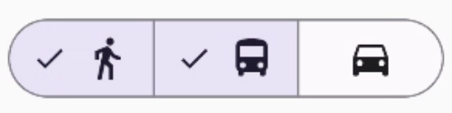 A segmented button component with the options Walk, Ride, and Drive is shown. The Walk and Ride options are currently selected.