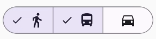 מוצג רכיב של כפתור עם פלחים, עם האפשרויות &#39;הליכה&#39;, &#39;נסיעה&#39; ו&#39;נהיגה&#39;. אפשרויות ההליכה והנסיעה מסומנות כרגע.