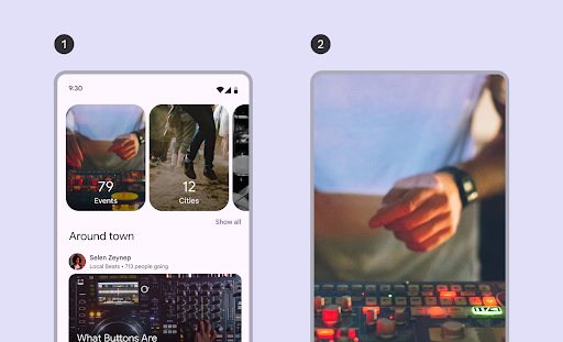 Jenis carousel yang tidak tercakup dan layar penuh ditampilkan berdampingan. Jenis carousel yang tidak tercakup memiliki beberapa item carousel, sedangkan layar penuh memiliki satu item yang memenuhi layar