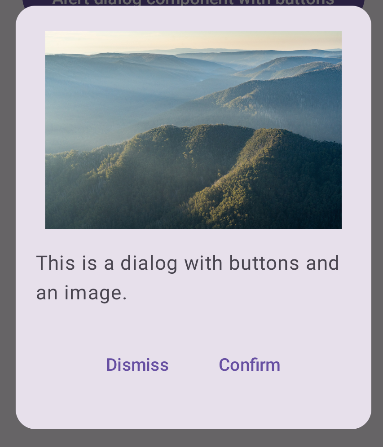 A dialog with a photo of Mount Feathertop, Victoria. Below the image are a dismiss button and a confirm button.