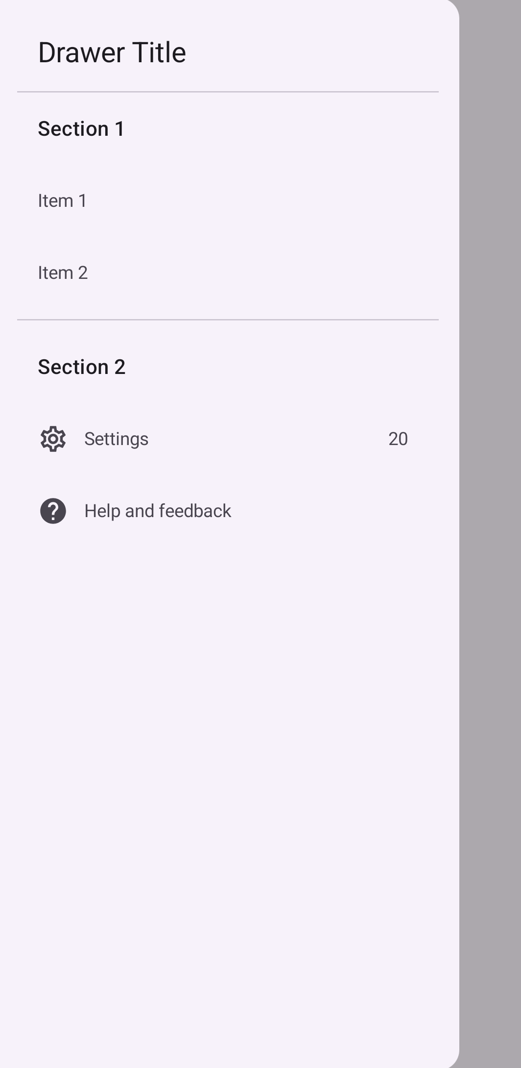 یک کشوی ناوبری دقیق با دو بخش، که هر کدام دارای چندین آیتم و آیکون برچسب‌گذاری شده هستند.