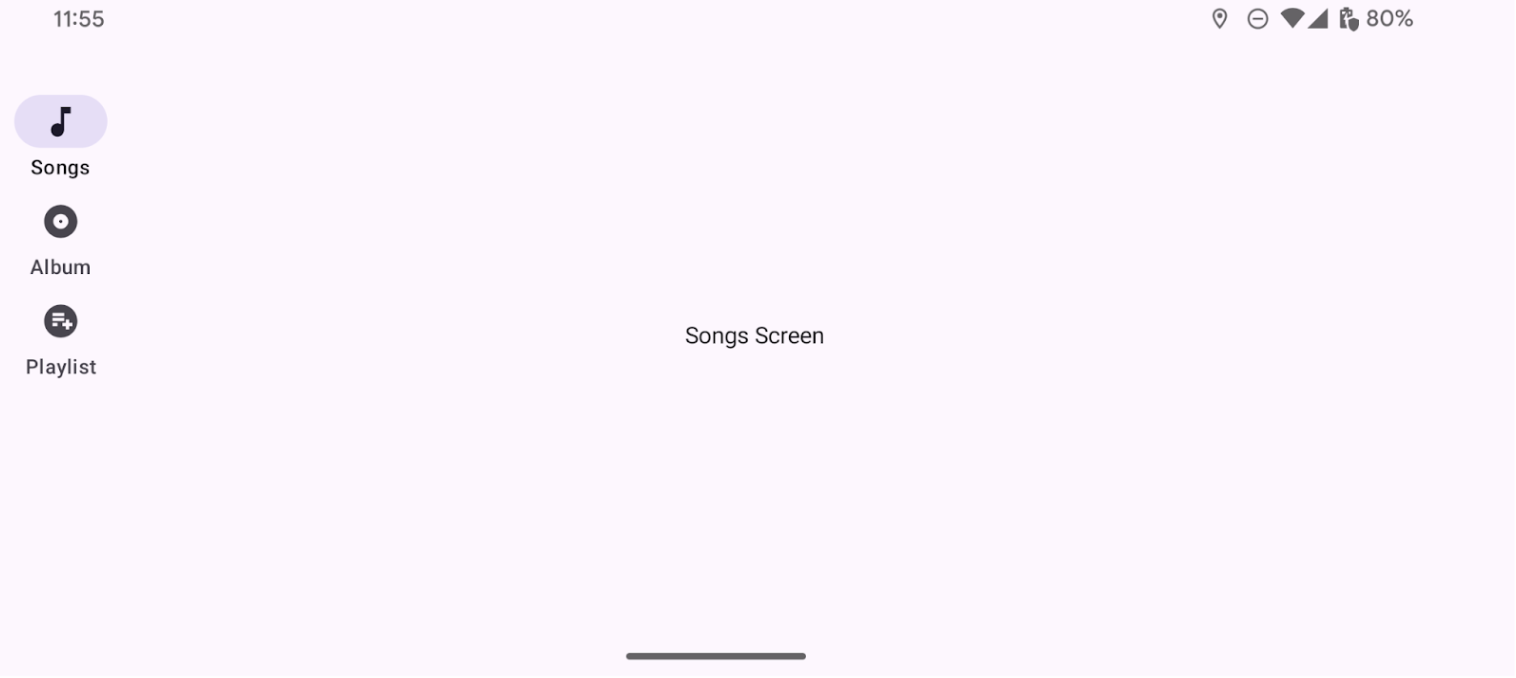 Uma coluna de navegação vertical com três destinos e ícones associados: Músicas, Álbum e Playlist. Os ícones indicam visualmente a finalidade de cada botão de navegação na barra. Cada destino tem um ícone relevante associado a ele (por exemplo, uma nota musical para 