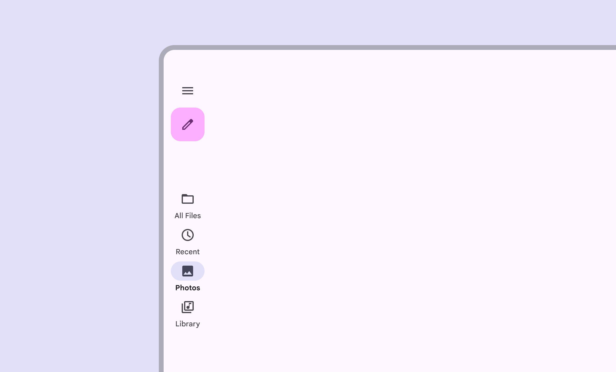 Panel navigasi vertikal di sisi kiri layar dengan empat tujuan (Semua File, Terbaru, Foto, dan Library), masing-masing dengan ikon terkait, dan tombol tindakan mengambang.