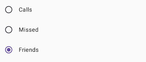 Uma lista de três botões de opção marcados como "Chamadas", "Perdidas" e "Amigos". O botão de opção "Amigos" está selecionado.