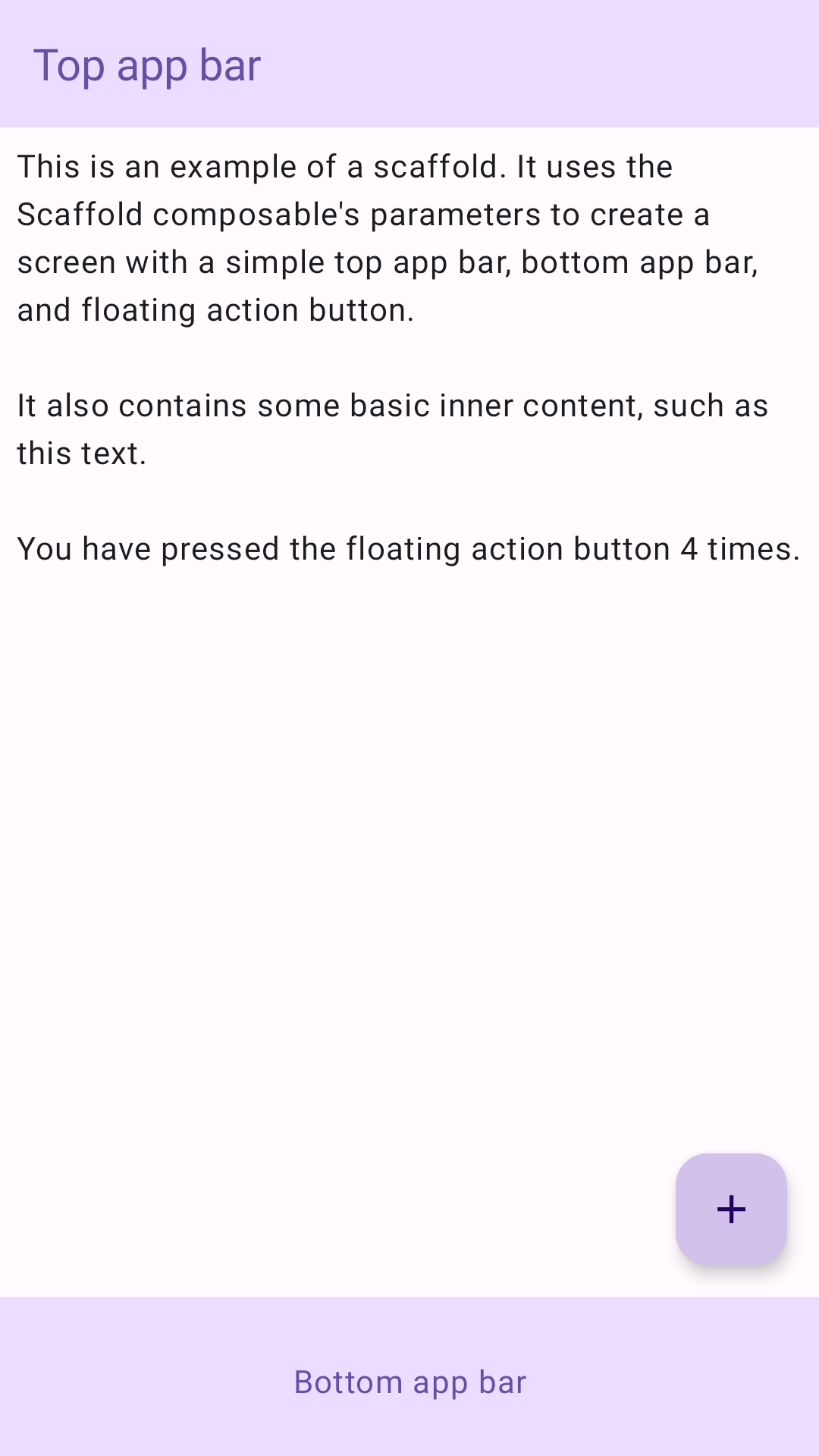 An implementation of scaffold that contains simple top and bottom app bars, as well as a floating action button that iterates a counter. The inner content of the scaffold is simple text that explains the component.