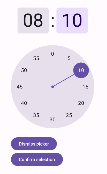 時鐘時間挑選器。使用者可以使用轉盤選取時間。