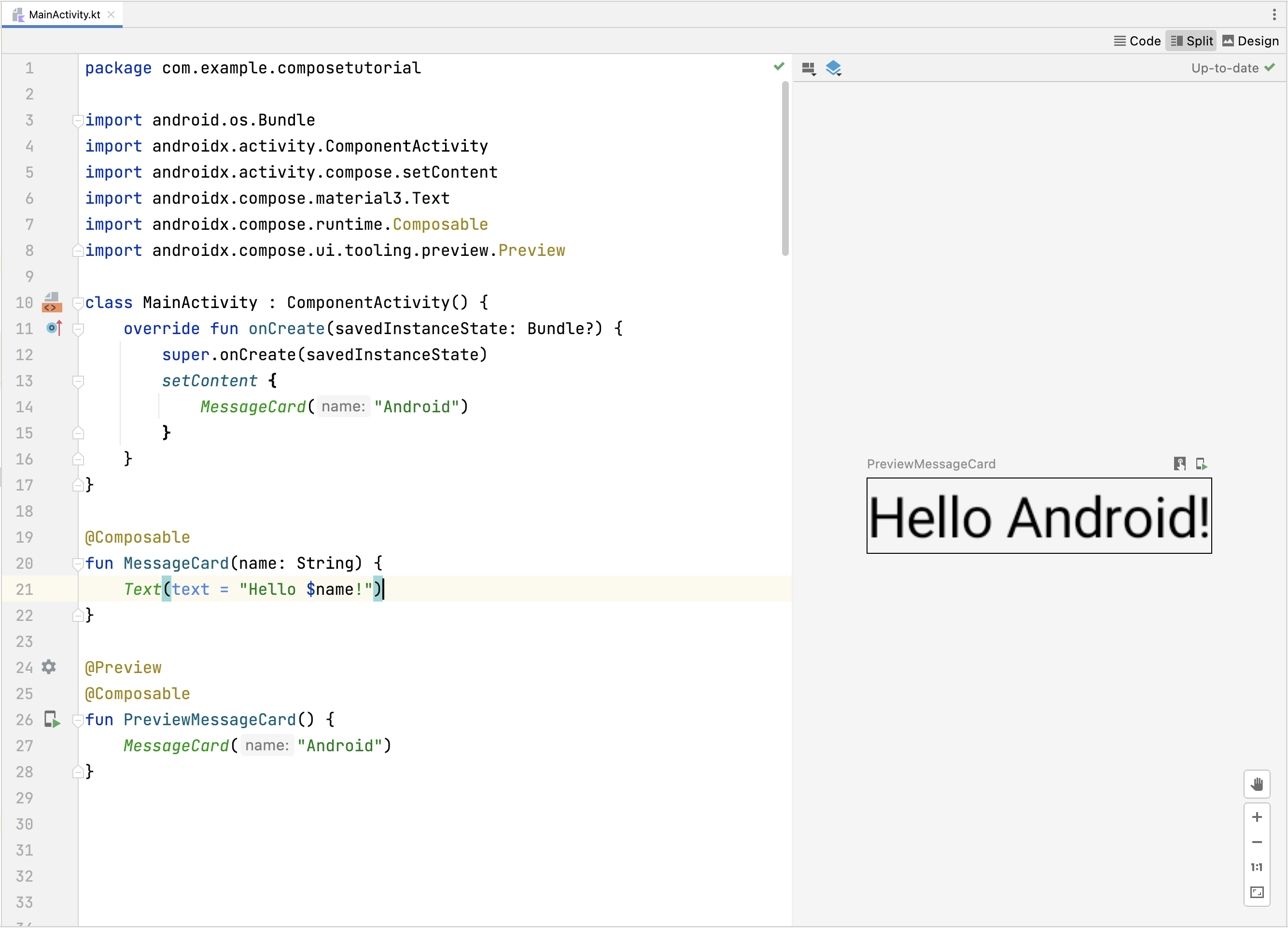 ตัวอย่างฟังก์ชัน Composable ใน Android Studio