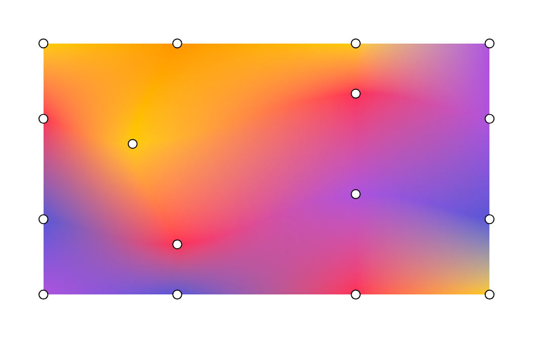 Bezier kontrol noktaları ve dalga renkleri içeren örgü renk geçişi ve üzerinde örgü noktaları gösteriliyor.