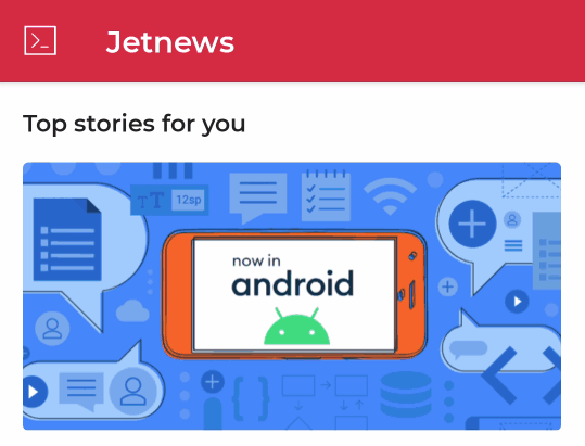 แอปตัวอย่าง JetNews ซึ่งใช้ Scaffold เพื่อจัดตำแหน่งองค์ประกอบหลายรายการ 