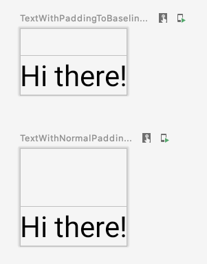 Beberapa pratinjau elemen teks; yang satu menampilkan padding biasa di antara elemen, yang lain menampilkan padding dari satu bagian dasar ke bagian dasar berikutnya