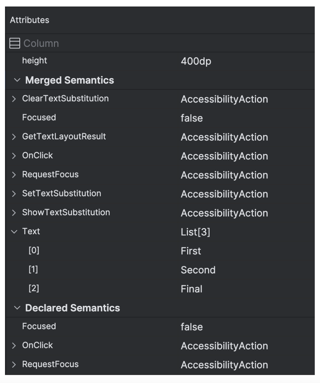 اطلاعات معنایی با استفاده از Layout Inspector نمایش داده میشود.