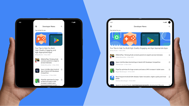 La app se muestra en formato buzón en un dispositivo con pantalla grande desplegada antes de Android 16, pero se muestra en pantalla completa cuando se segmenta para Android 16. La app muestra más elementos de noticias cuando está en pantalla completa en lugar de en formato letterbox.