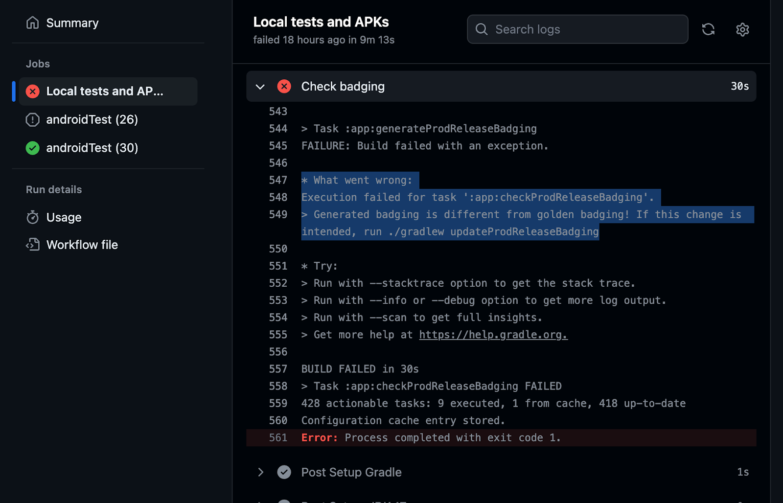 Screen grab of failing continuous integration build caused by adding a permission or required feature without updating the badging file.