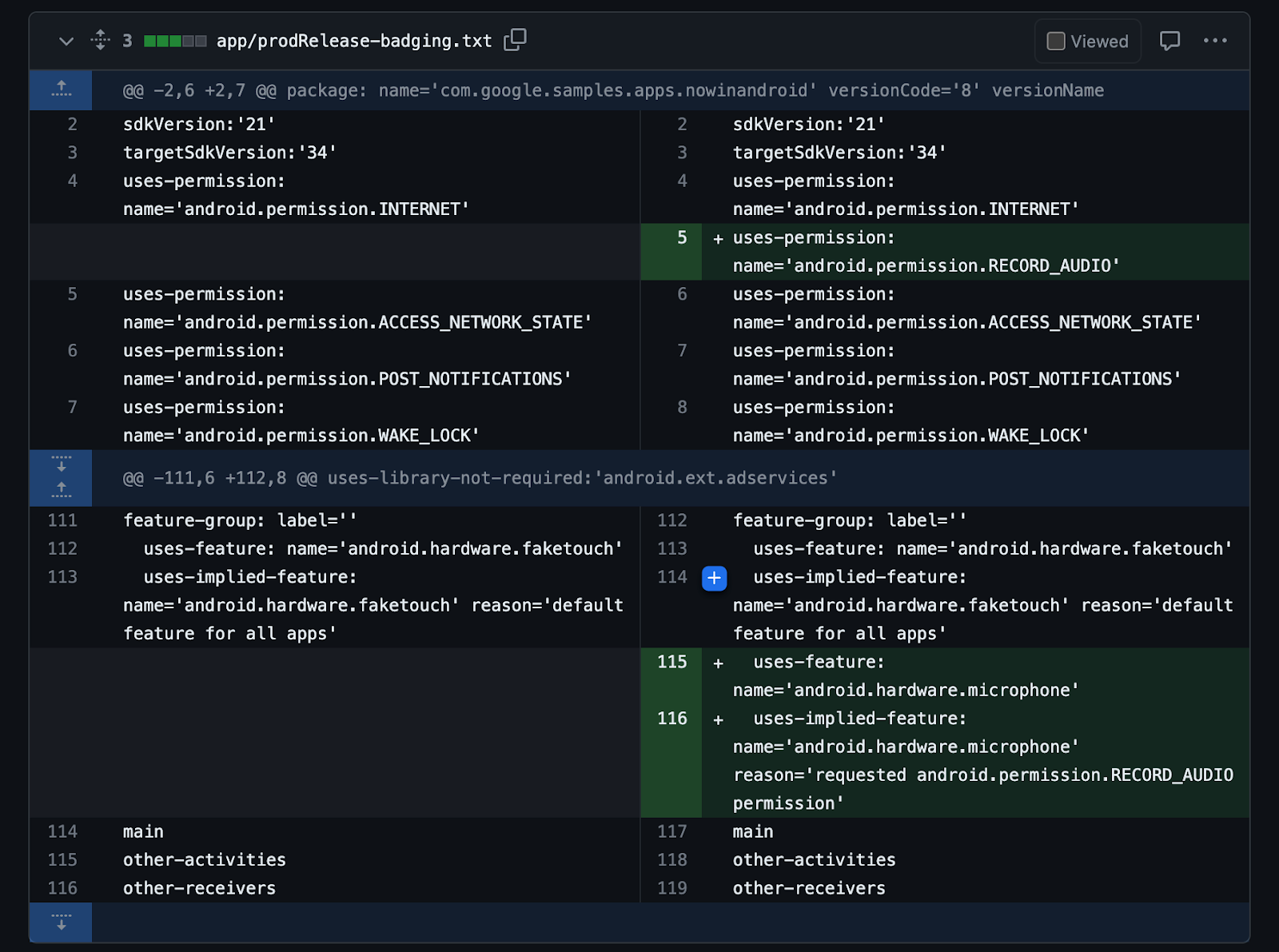 Screen capture showing updated golden badging file for code review with an added permission and implied required feature.